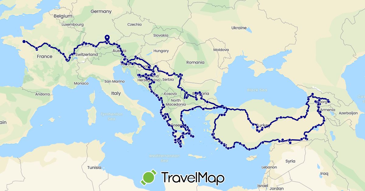 TravelMap itinerary: driving in Albania, Austria, Bosnia and Herzegovina, Bulgaria, Germany, France, Georgia, Greece, Croatia, Italy, Montenegro, Serbia, Slovenia, Turkey (Asia, Europe)